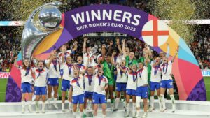 England Lionesses lifting the euro 2025 trophy