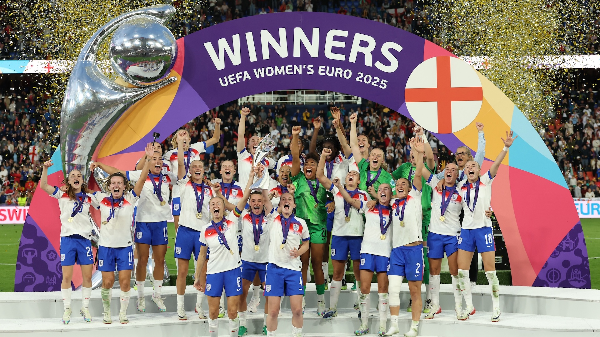England Lionesses lifting the euro 2025 trophy
