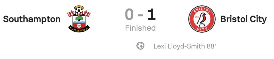 Southampton 0-1 Bristol City Scoreboard WSL2 25/26
