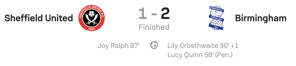 WSL2 25/25 Sheffield United 1-2 Birmingham City scoreboard