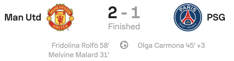 UWCL 25/26 Man United 2-1 PSG scoreboard