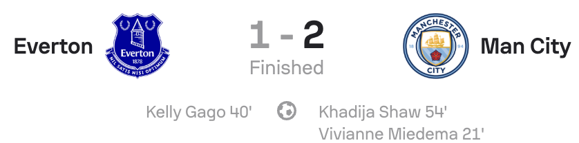 WSL 25/26 Everton 1-2 Man City scoreboard