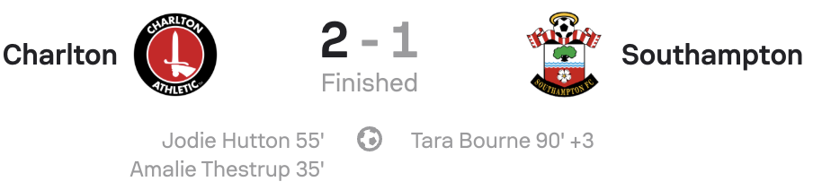 WSL2 25/26  Charlton 2-1 Southampton scoreboard