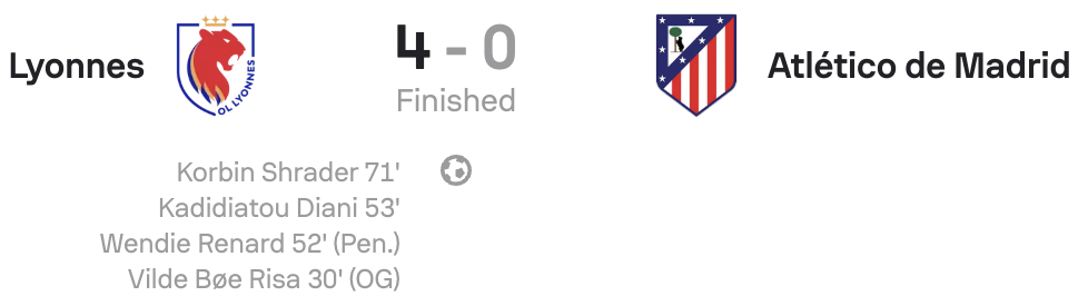 UWCL 25/26 Lyon 4-0 Atletico Madrid scoreboard