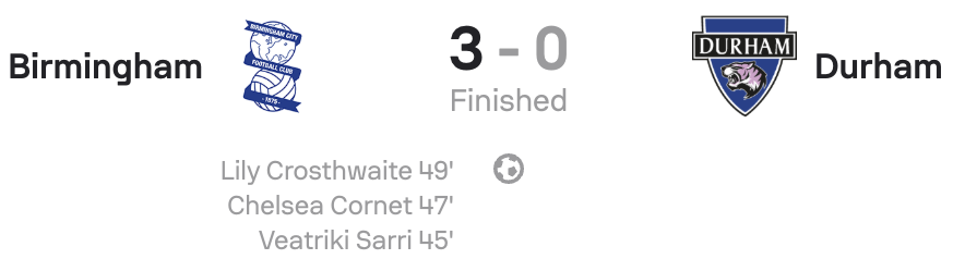 WSL2 25/26 Birmingham City 3-0 Durham scoreboard