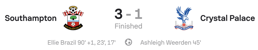 VERTA WSL2 25/26 Southampton 3-1 Crystal Palace scoreboard